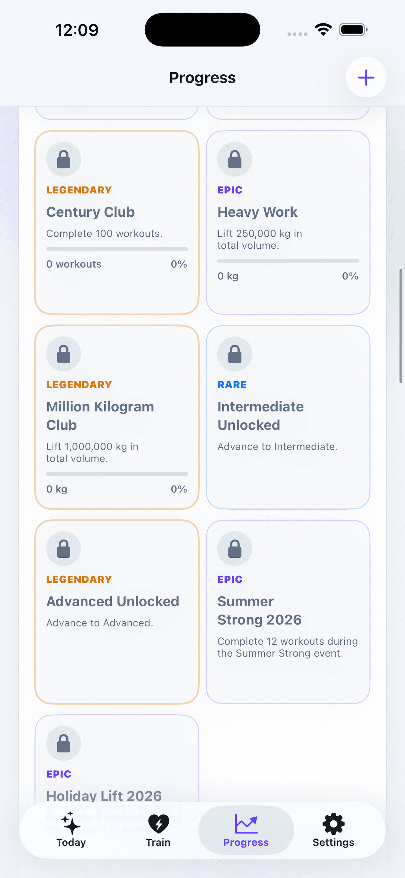Vibe Reps progress screen showing athlete level, XP, completed workouts, completed sets, and training volume.