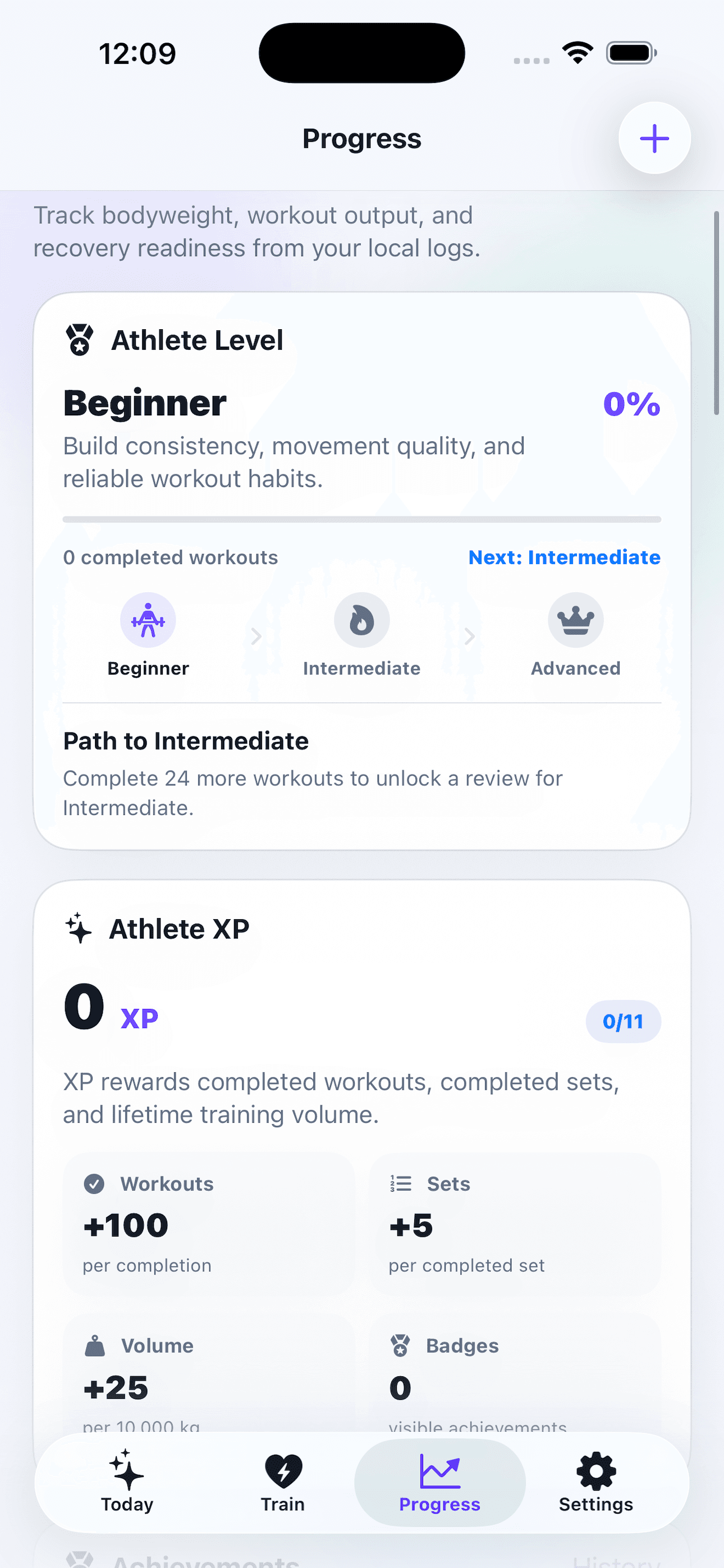 Vibe Reps profile screen with goal, experience, training days, age, measurements, and athlete context.