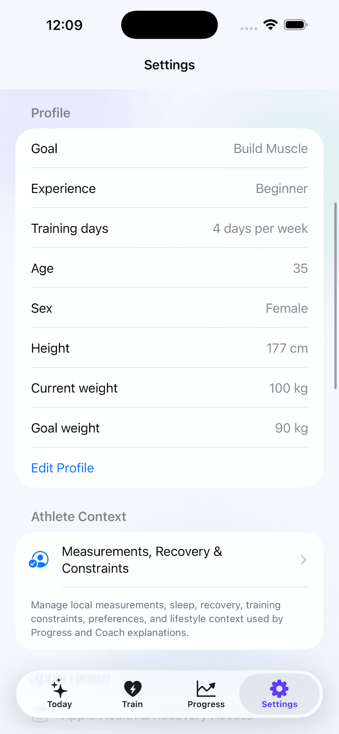 Vibe Reps training setup screen with gym, equipment, training style, voice coach, haptics, and reminder settings.