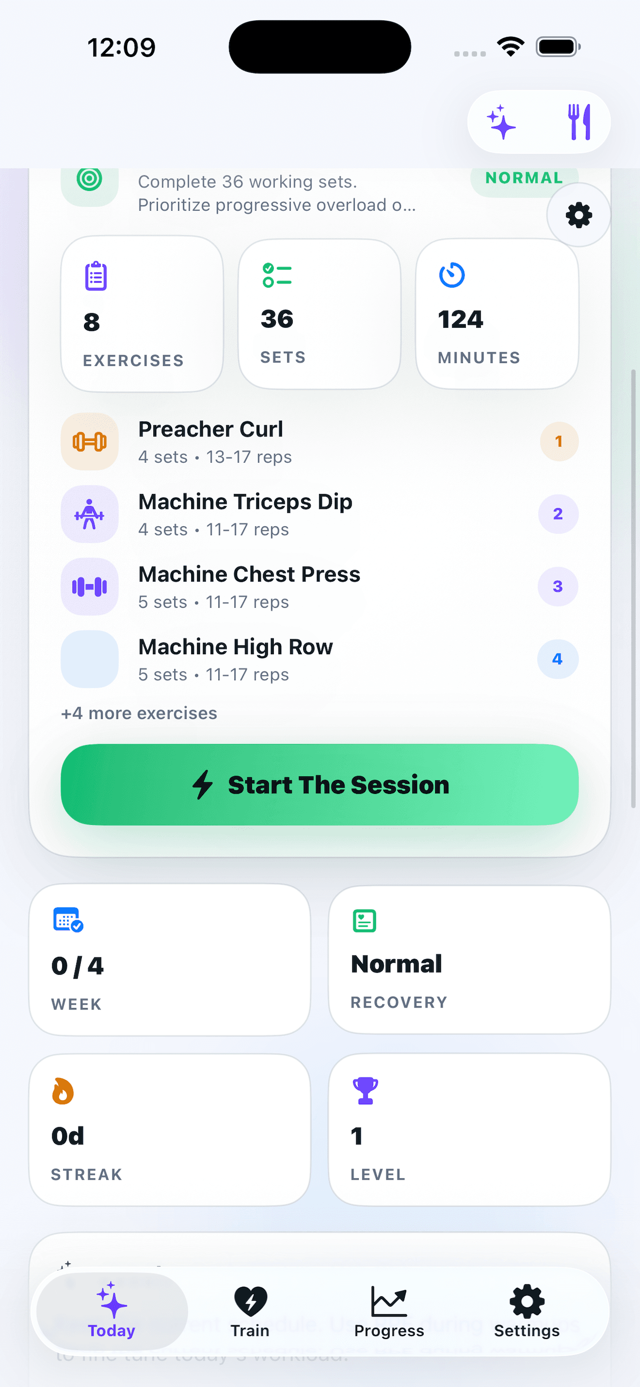 Vibe Reps Today screen showing a generated workout, exercise count, set count, duration, recovery status, streak, and level.